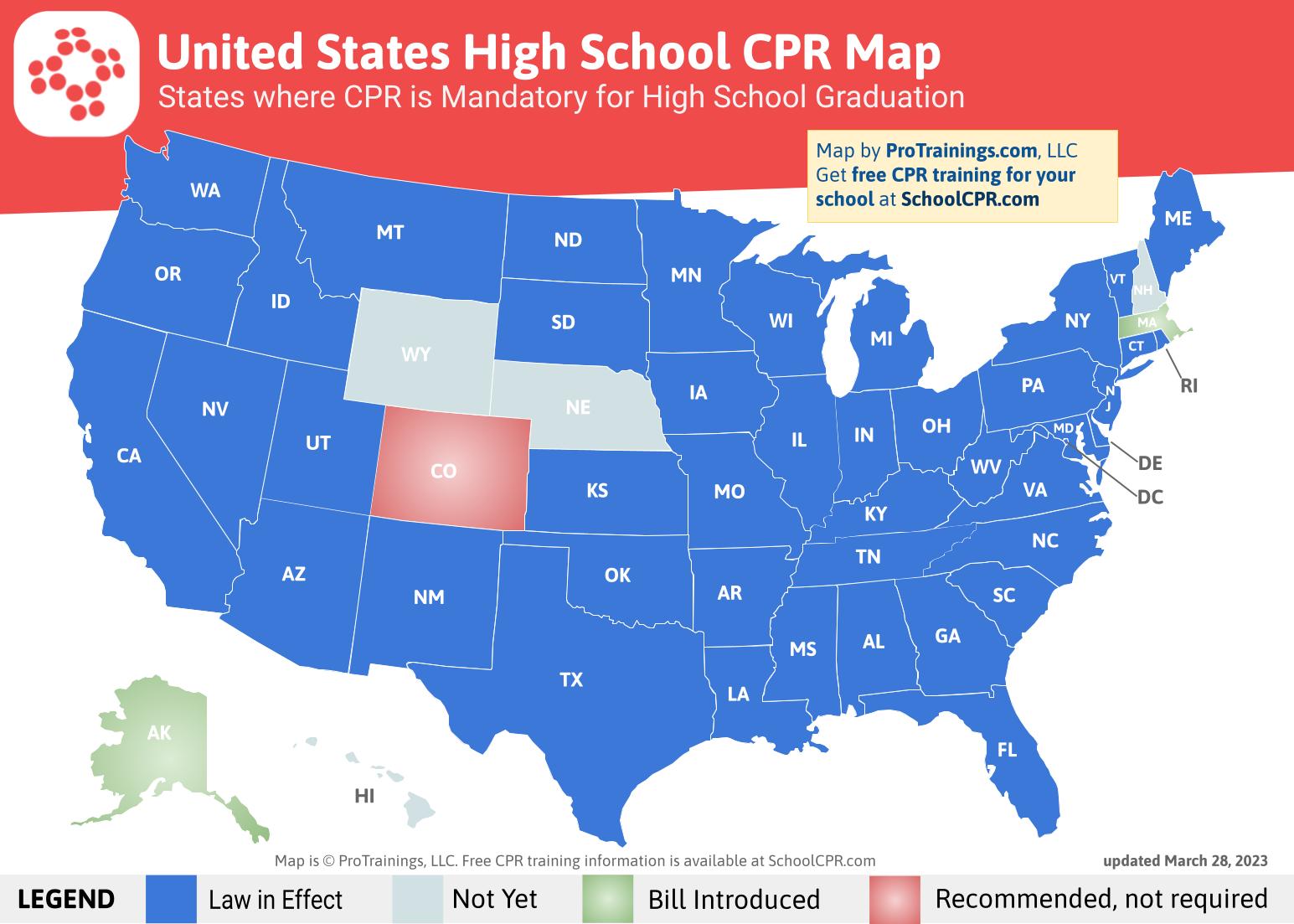 Map of CPR graduation requirements for High School Students in the United States